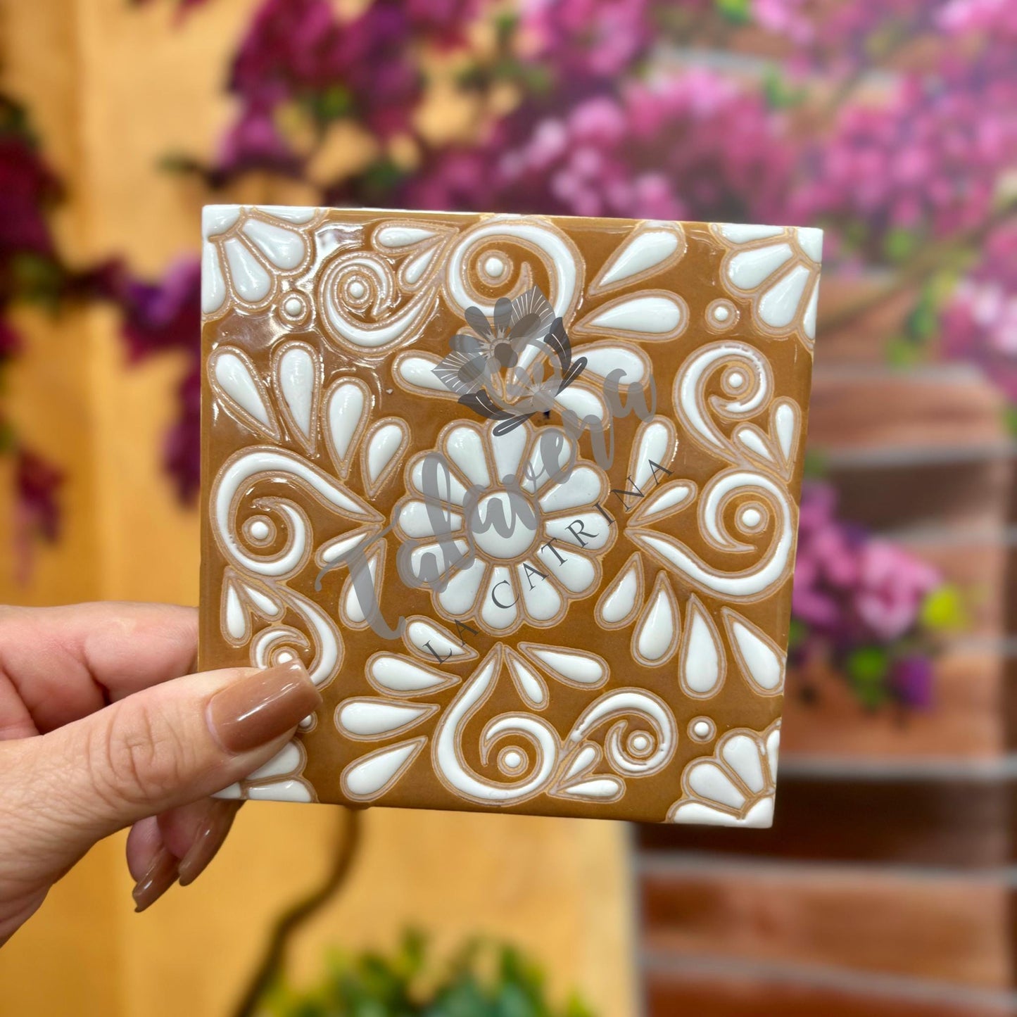 Set of 20 Small Clay Beige and White Hand Painted Tiles, Authentic Unique Ceramic Hand Crafted Mexican Talavera