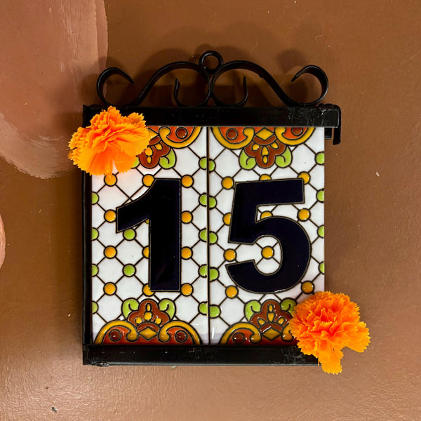 Frame and Set of 2 House Number Hand Painted Tiles