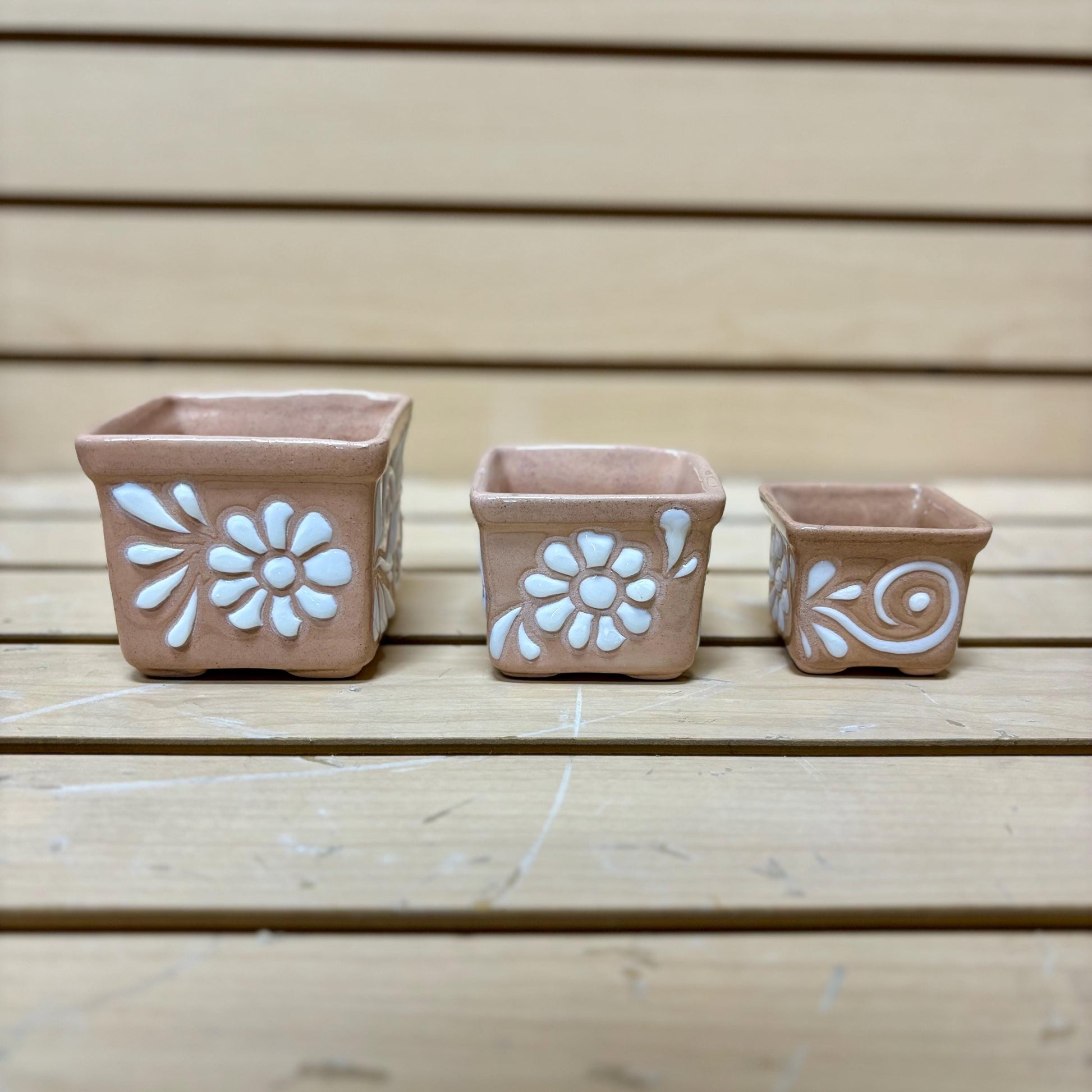 Clay Beige and White Hand Painted Cube Planter Pot Set, Authentic Ceramic Hand Crafted Mexican Talavera