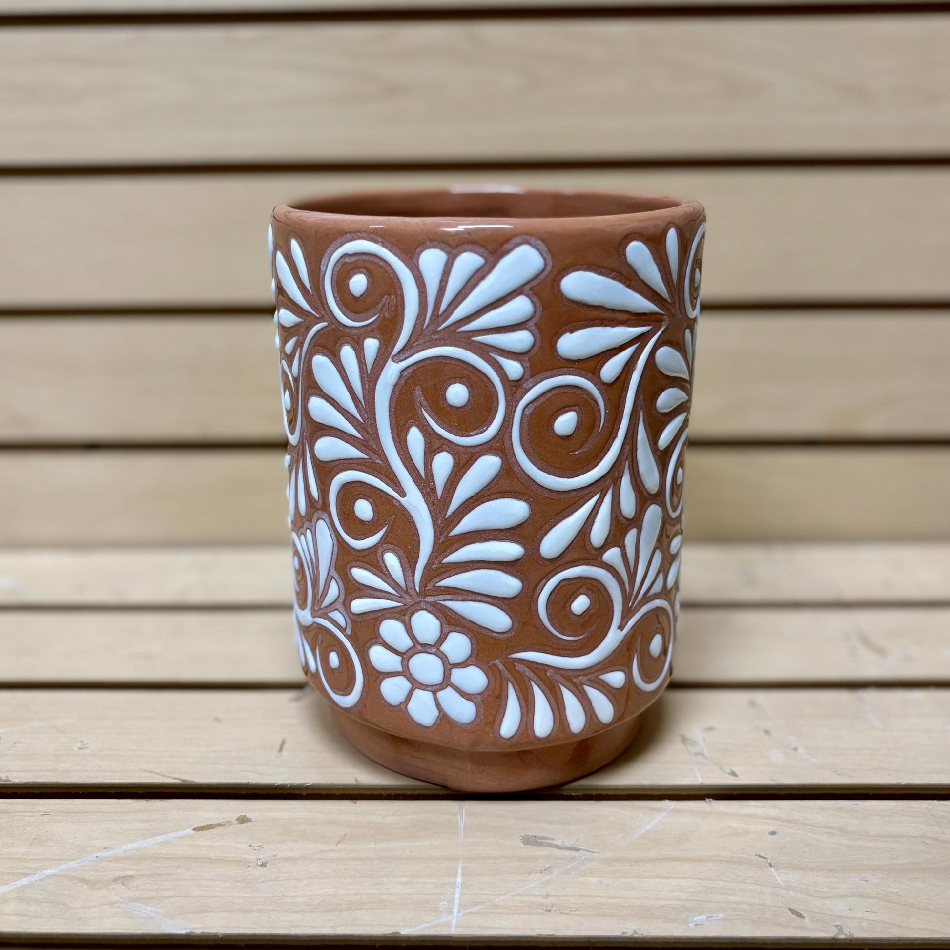 Clay Beige and White Talavera M Cylinder Planter Pot, Authentic Mexican Ceramic Hand Crafted Talavera