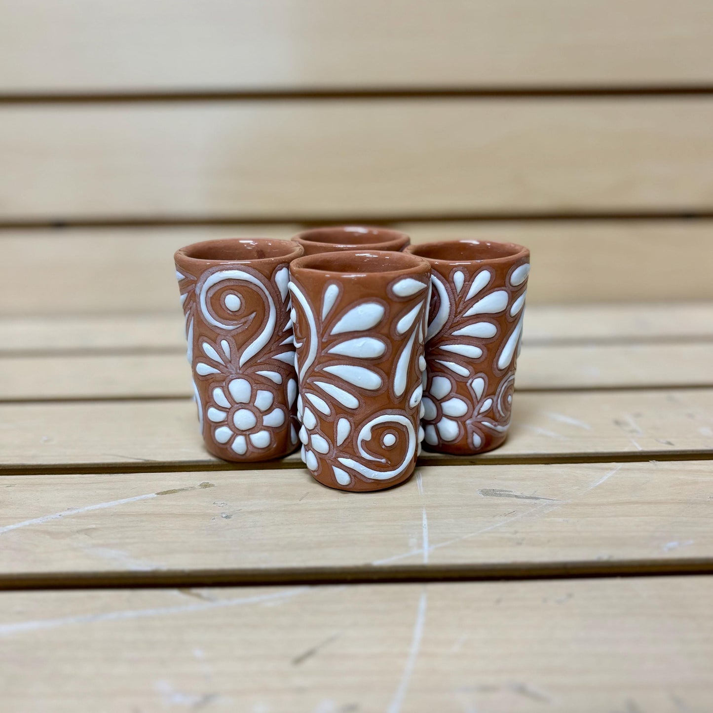 Clay Beige and White Hand Painted Shot Glass - Authentic Ceramic Hand Crafted Mexican Talavera