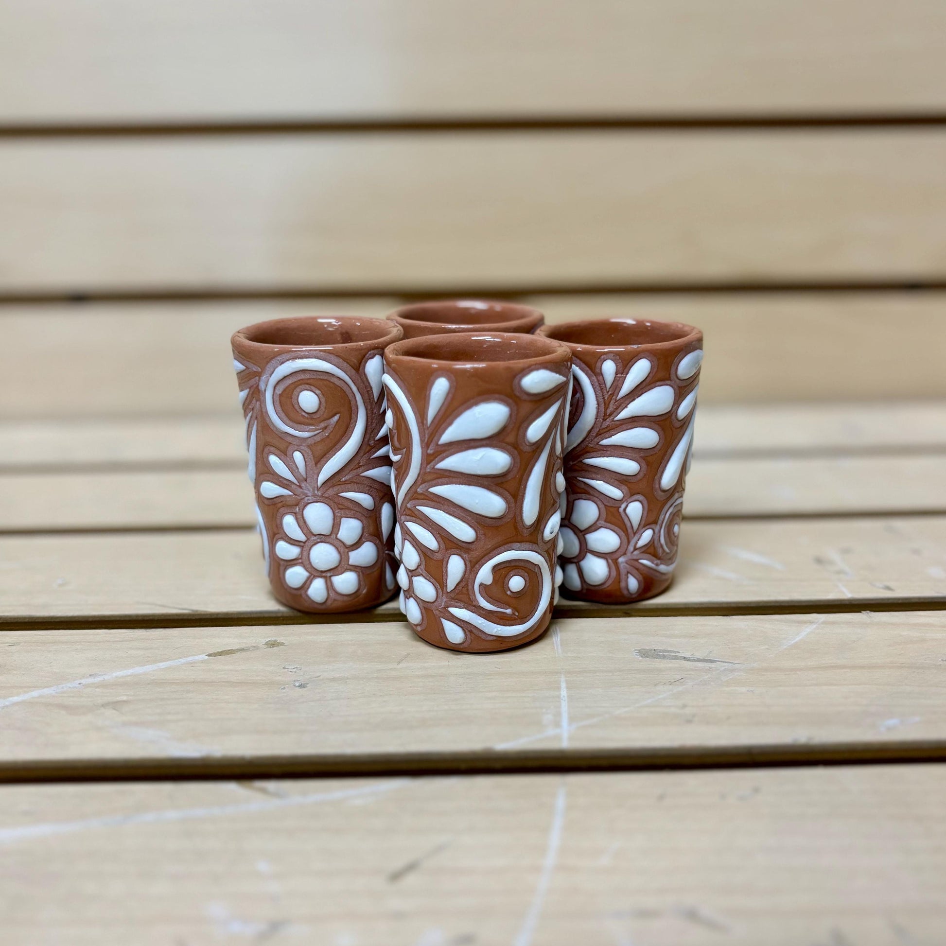 Clay Beige and White Hand Painted Shot Glass - Authentic Ceramic Hand Crafted Mexican Talavera