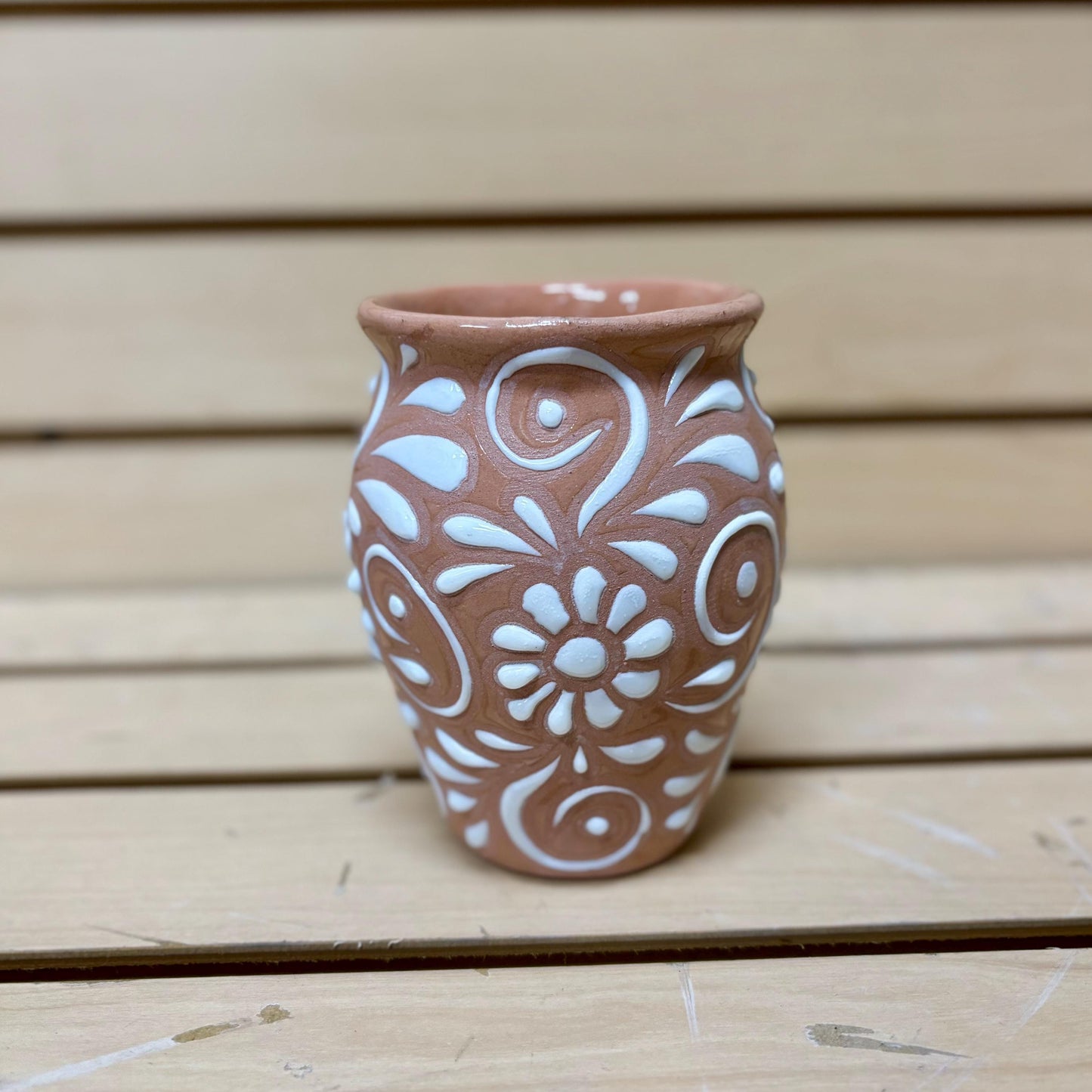 Clay Beige and White Talavera Mexican Jug Cantarito, Authentic Ceramic Hand Crafted Mexican Talavera