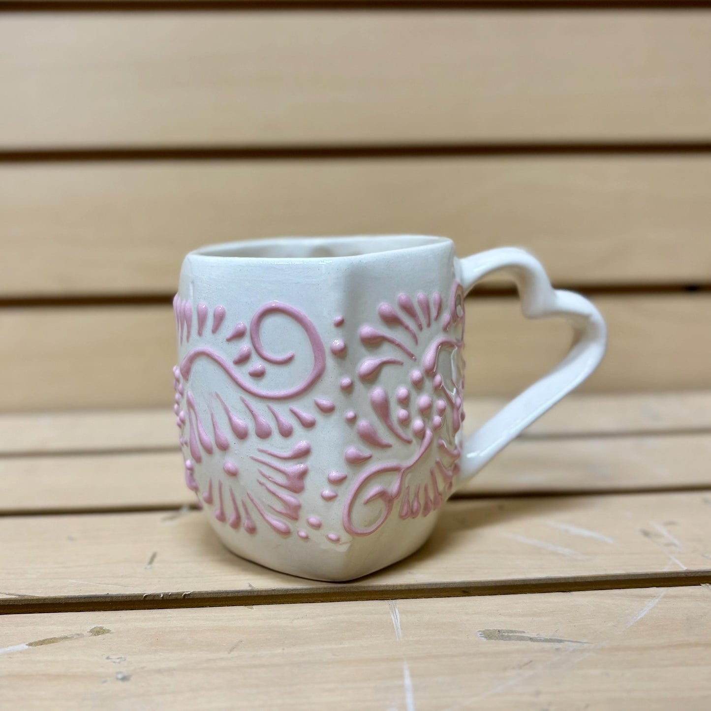 Baby Pink and White Hand Painted Heart Teacup and Saucer Set, Authentic Ceramic Hand Crafted Mexican Talavera