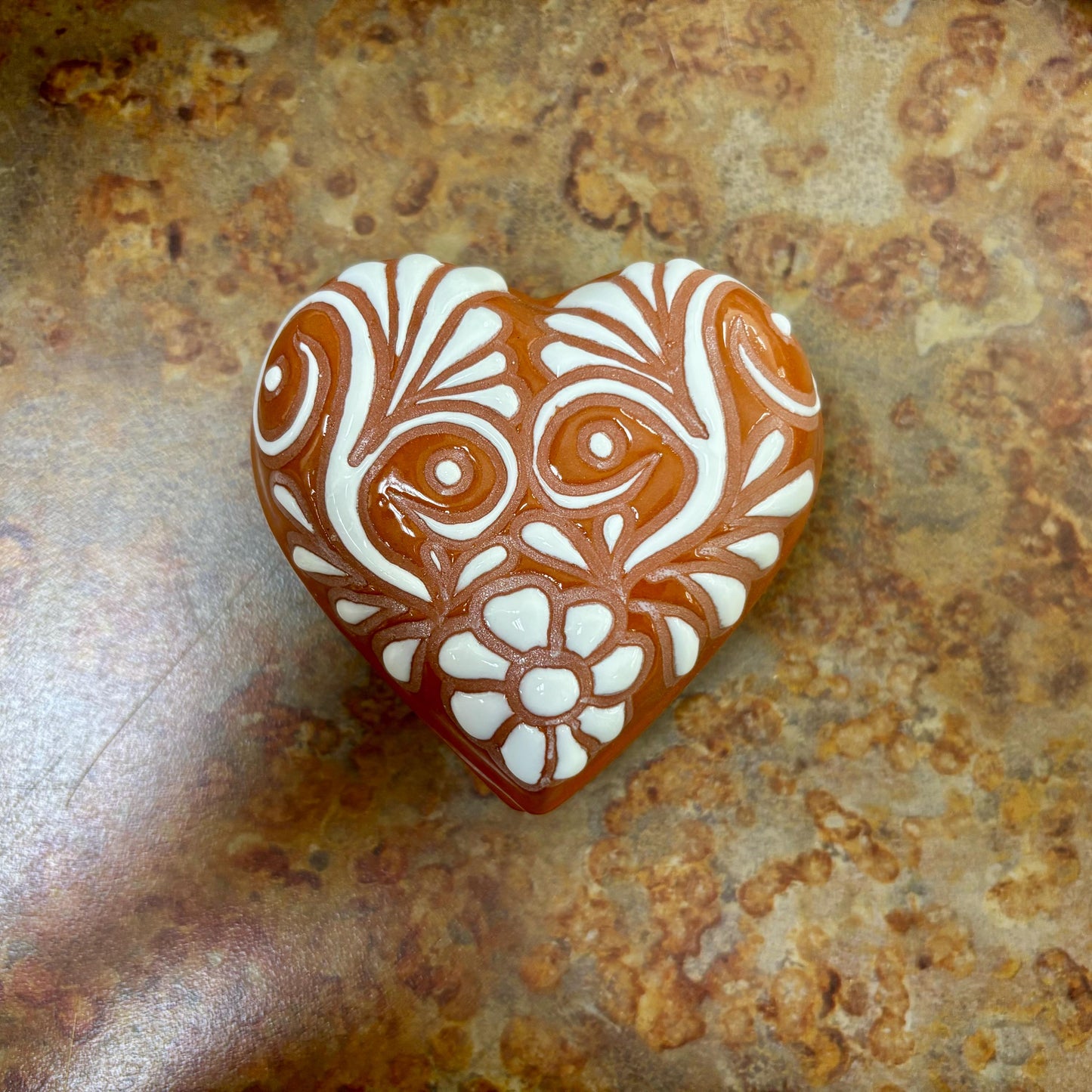 Clay Beige and White Hand Painted Heart Jewelry Trinket Box, Authentic Ceramic Hand Crafted Talavera