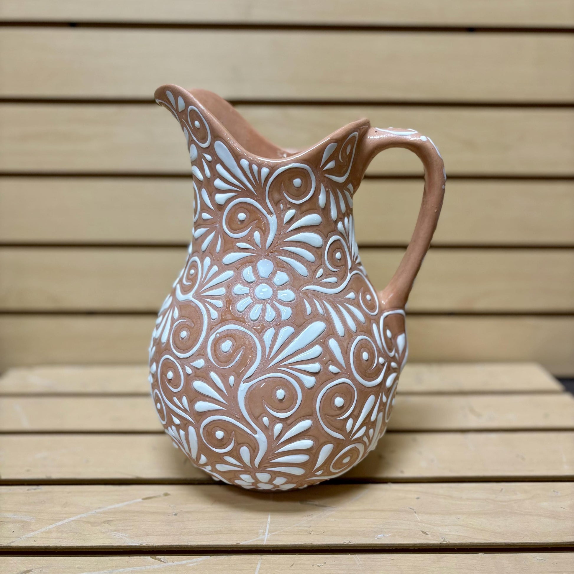 Clay Beige and White Hand Painted Talavera Pitcher, Authentic Ceramic Hand Crafted Mexican Talavera