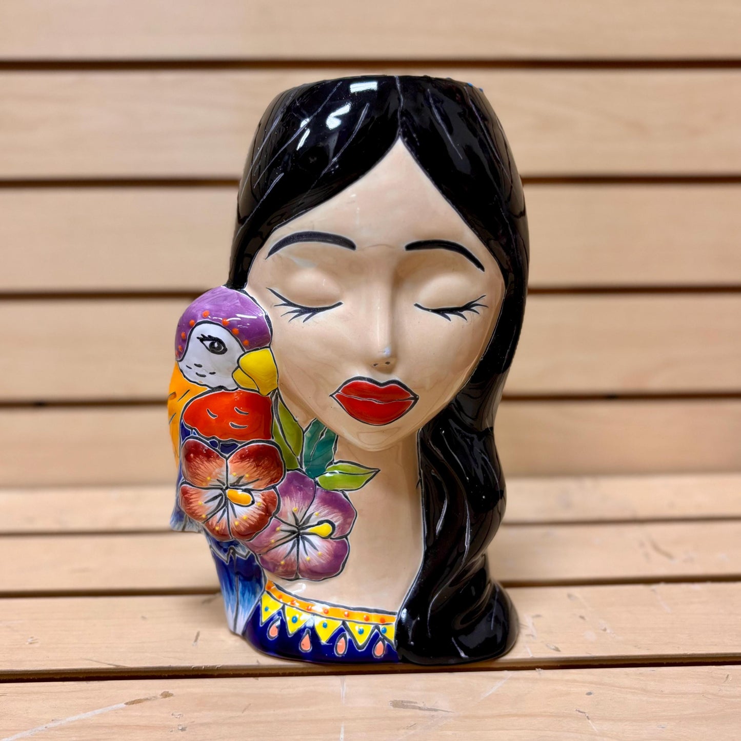 Hand Painted Woman Planter Pot Tall Bust Sculpture, Authentic Ceramic Hand Crafted Mexican Talavera