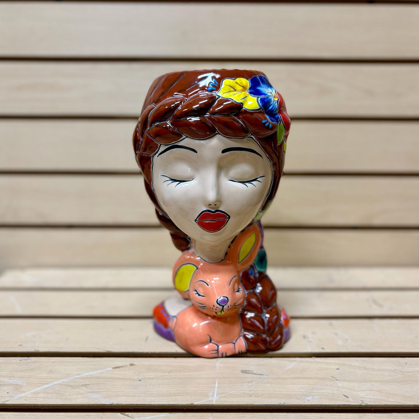 Hand Painted Woman Planter Pot Tall Bust Sculpture, Authentic Ceramic Hand Crafted Mexican Talavera