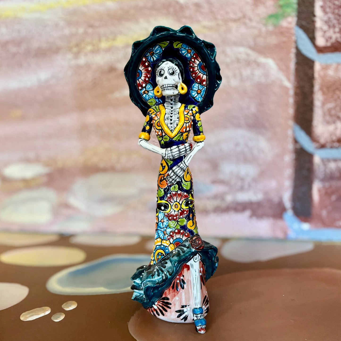 Hand Painted Romantic Catrina Day of the Dead Sculpture, Authentic Unique Ceramic Hand Crafted Talavera