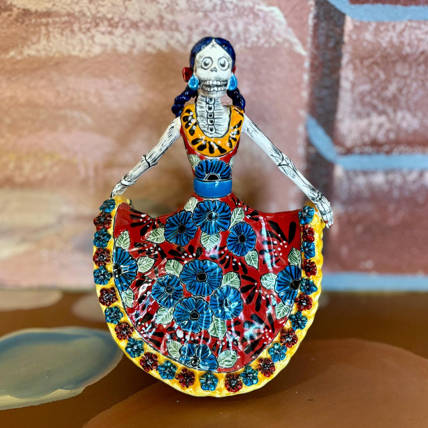 Hand Painted Dancer Catrina Day of the Dead Sculpture Statue, Authentic Ceramic Hand Crafted Mexican Talavera