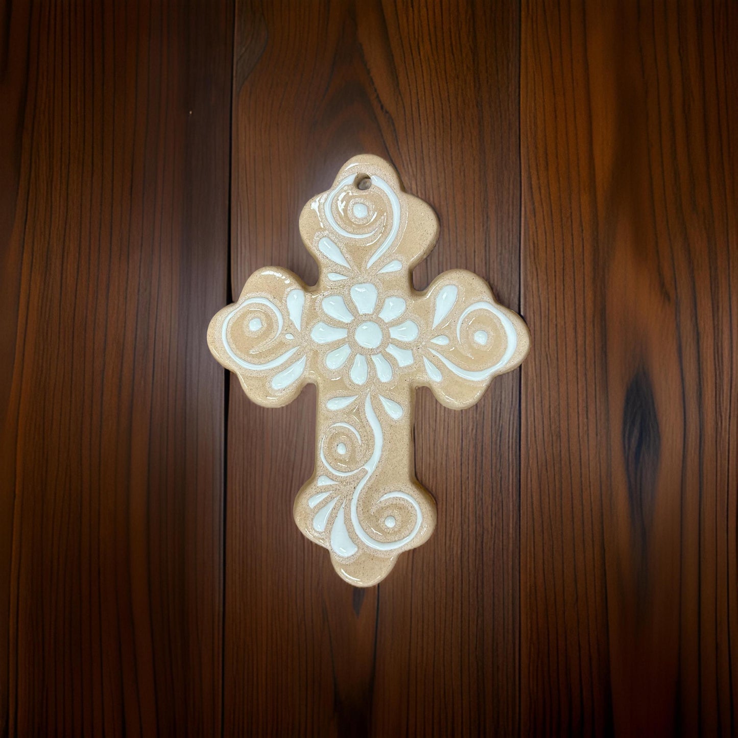 Clay Beige and White Hand Painted S Clover Cross, Authentic Ceramic Hand Crafted Mexican Talavera