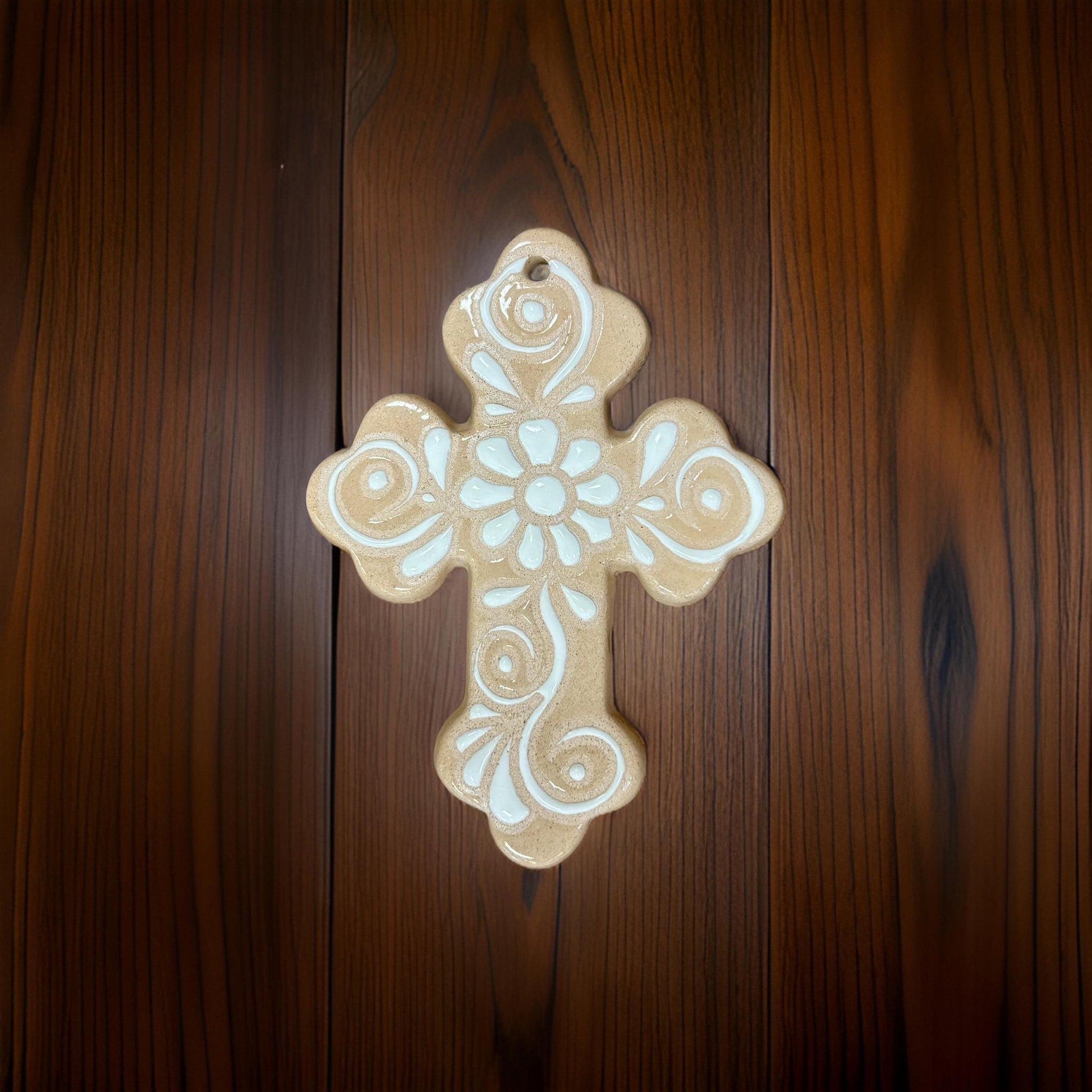 Clay Beige and White Hand Painted S Clover Cross, Authentic Ceramic Hand Crafted Mexican Talavera