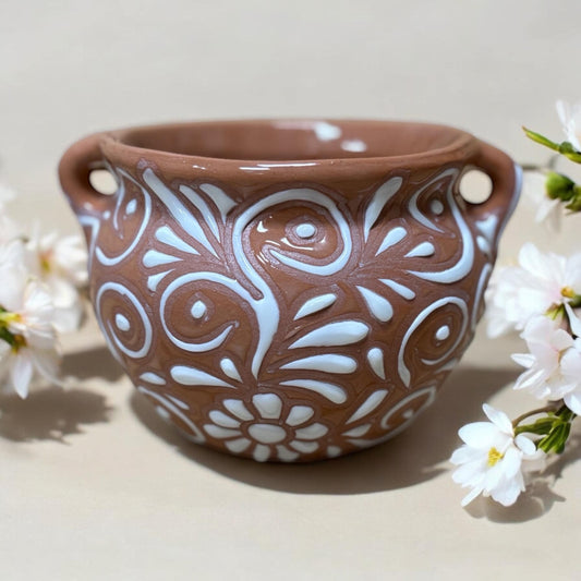 Clay Beige and White Hand Painted Planter Pot with Handles - Authentic Ceramic Hand Crafted Mexican Talavera