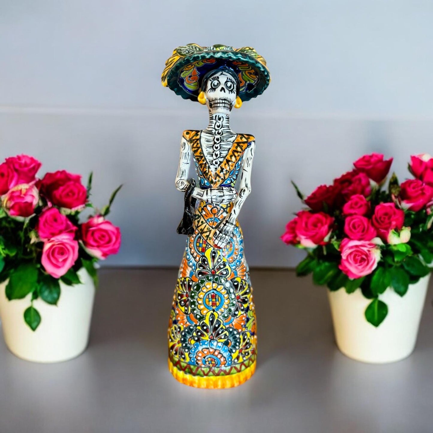 Hand Painted Elegant Catrina Day of the Dead Sculpture, Authentic Unique Ceramic Hand Crafted Mexican Talavera