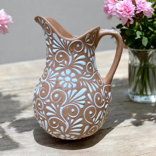 Clay Beige and White Hand Painted Talavera Pitcher, Authentic Ceramic Hand Crafted Mexican Talavera