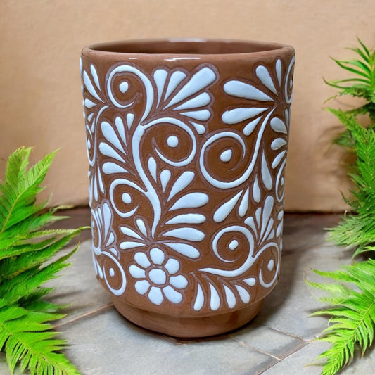 Clay Beige and White Talavera M Cylinder Planter Pot, Authentic Mexican Ceramic Hand Crafted Talavera