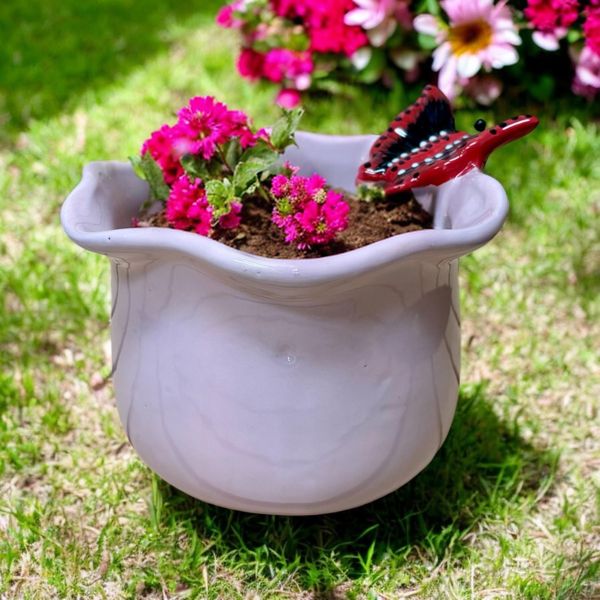 Baby Pink Hand Painted Planter Pot with Butterfly, Authentic Mexican Ceramic Hand Crafted Talavera