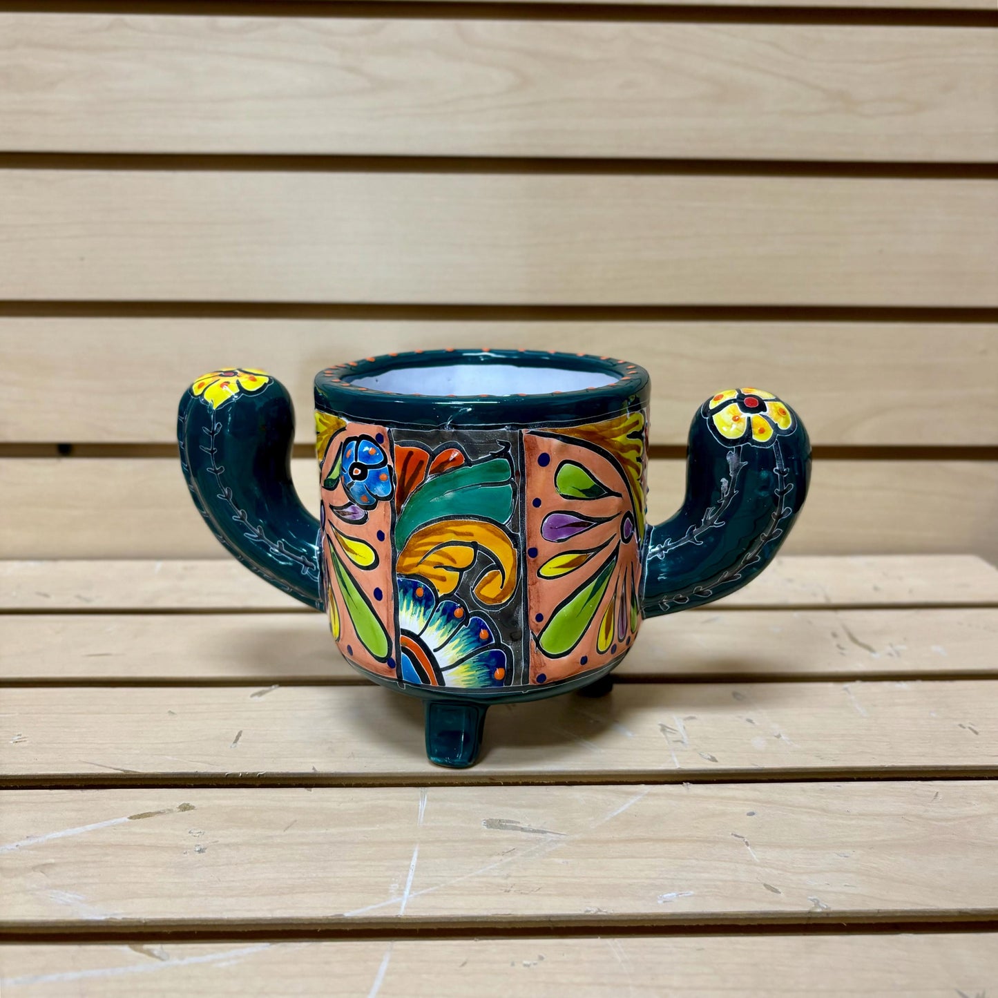 Cute Hand Painted Cactus Planter Pot, Authentic Mexican Ceramic Hand Crafted Talavera