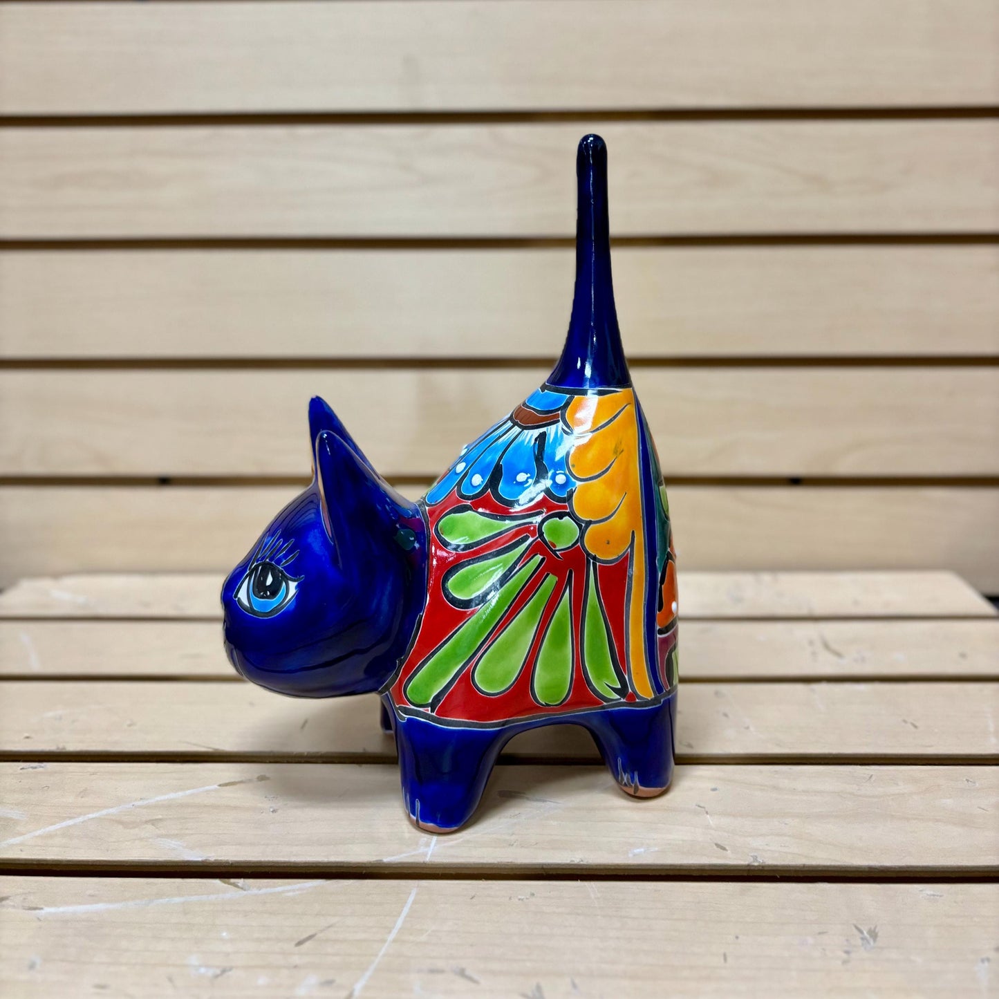 Cute Hand Painted Kitty Cat Statue, Authentic Mexican Ceramic Hand Crafted Talavera