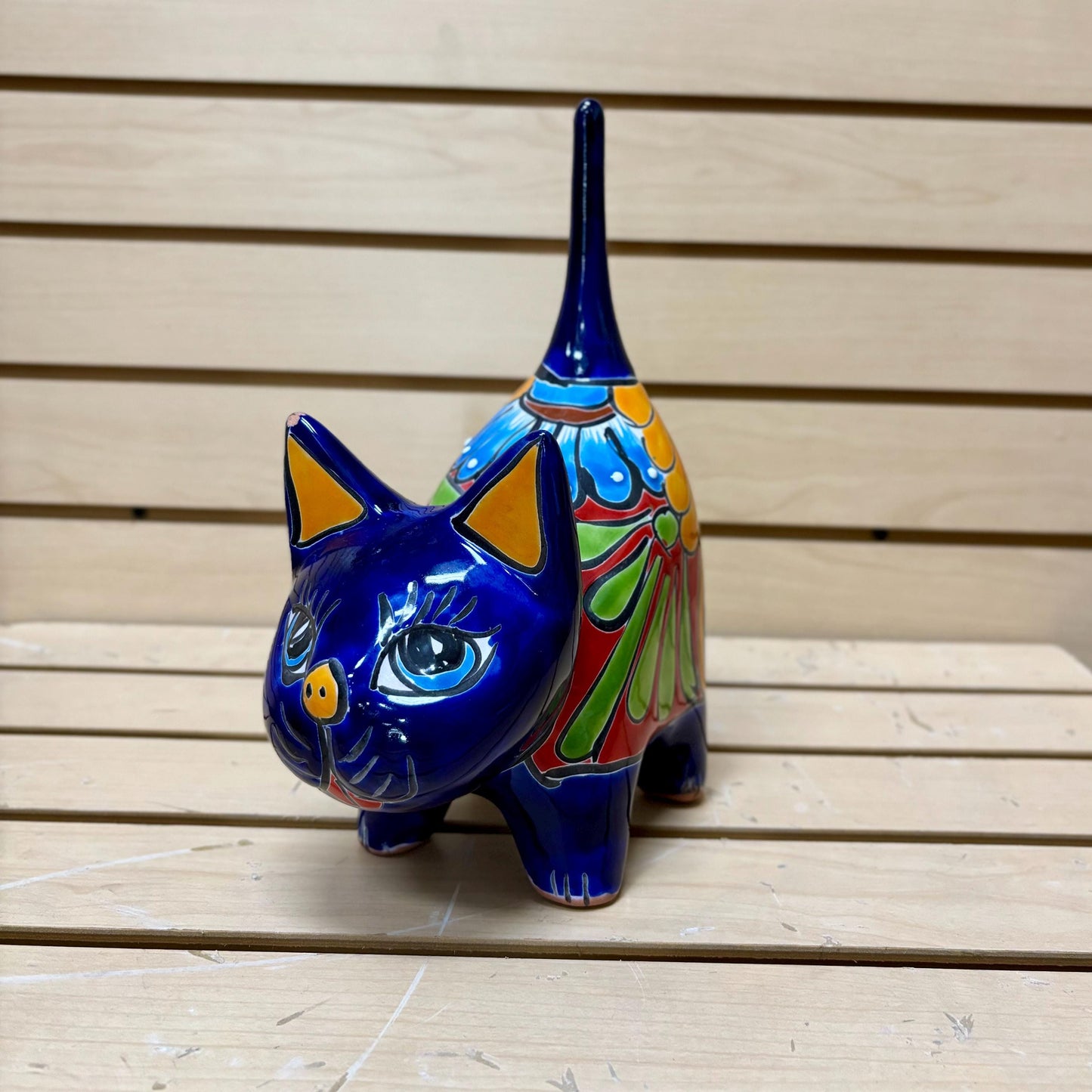 Cute Hand Painted Kitty Cat Statue, Authentic Mexican Ceramic Hand Crafted Talavera