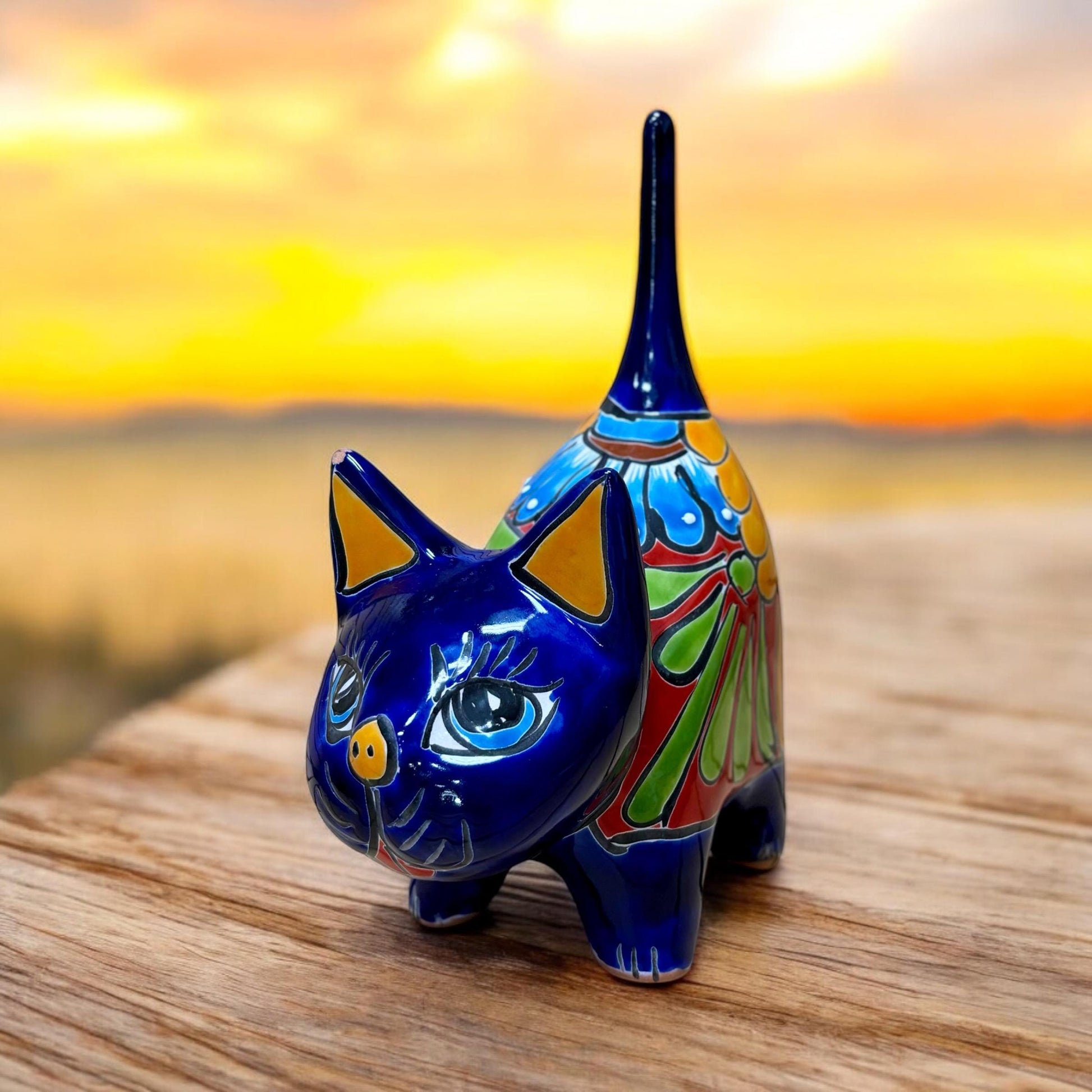 Cute Hand Painted Kitty Cat Statue, Authentic Mexican Ceramic Hand Crafted Talavera