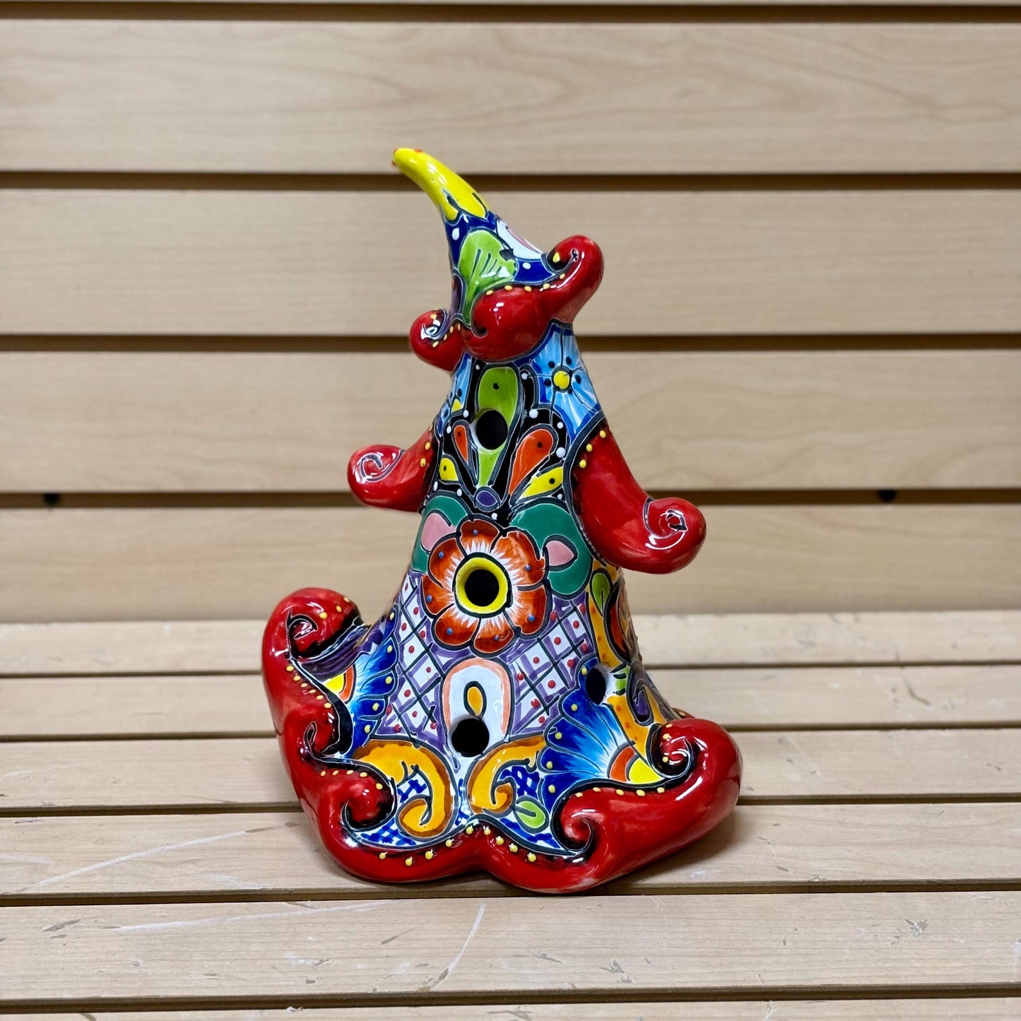 Wispy Hand Painted Hollow Christmas Tree Holiday Statue for Electric Candle, Authentic Mexican Ceramic Hand Crafted Talavera