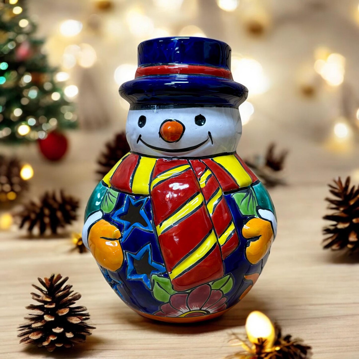 Hand Painted Hollow Snowman Holiday Statue For Tea Candle, Authentic Mexican Ceramic Hand Crafted Talavera