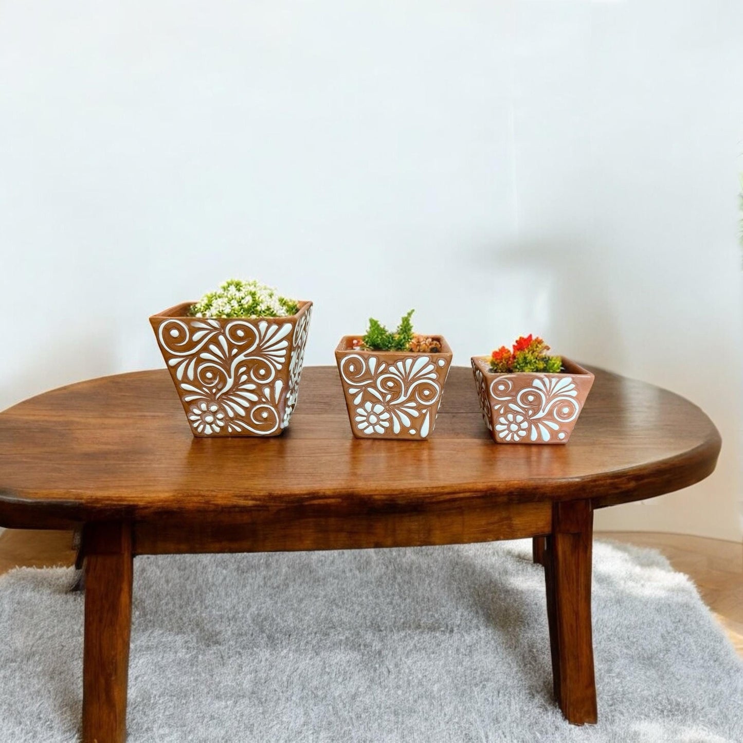 Beige Clay and White Hand Painted Cubed Planter Pot, Authentic Ceramic Handcrafted Mexican Talavera