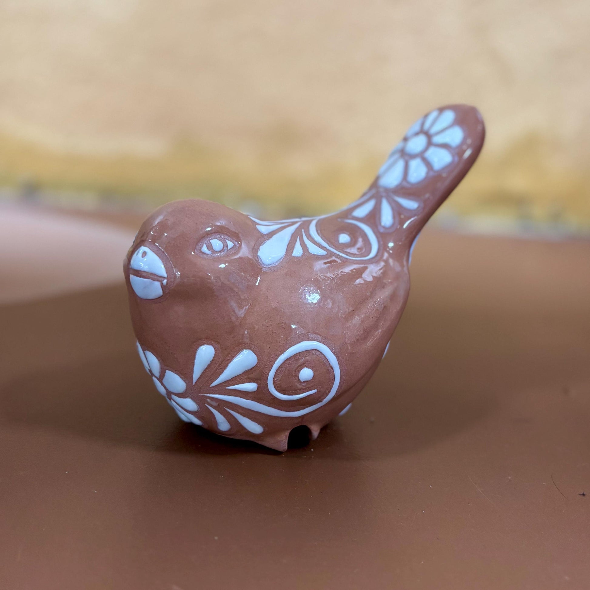 Cute Clay Beige & White Hand Painted Bird Figure, Authentic Mexican Ceramic Hand Crafted Talavera