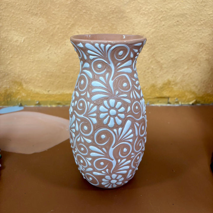 Hand Painted Talavera Beige and White Large Vase