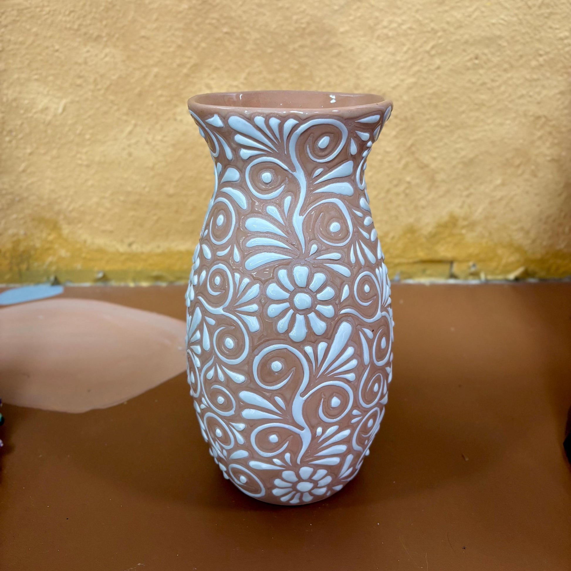 Clay Beige and White Hand Painted Large Talavera Vase - Authentic Ceramic Hand Crafted Mexican Talavera