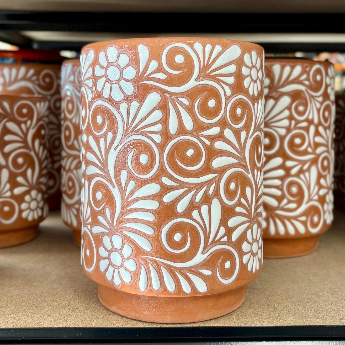 Clay Beige and White Talavera L Cylinder Planter Pot, Authentic Mexican Ceramic Hand Crafted Talavera