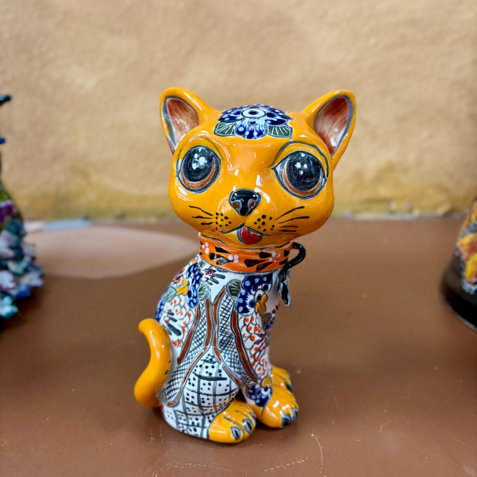 Hand Painted Silly Cat Sculpture, Authentic Ceramic Hand Crafted Mexican Talavera