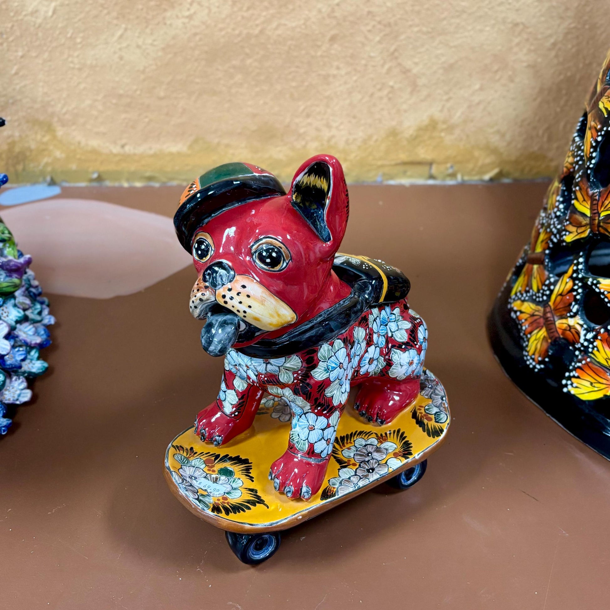 Hand Painted Cool Bulldog on Skate Board Dog Sculpture, Authentic Ceramic Hand Crafted Mexican Talavera