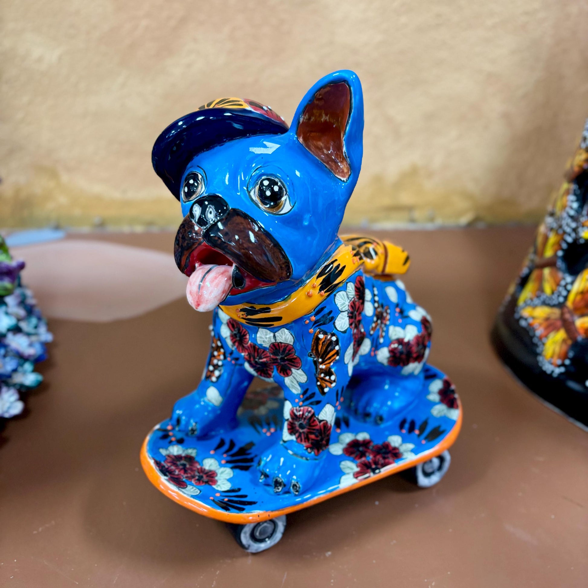 Hand Painted Cool Bulldog on Skate Board Dog Sculpture, Authentic Ceramic Hand Crafted Mexican Talavera