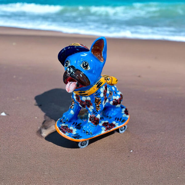 Hand Painted Cool Bulldog on Skate Board Dog Sculpture