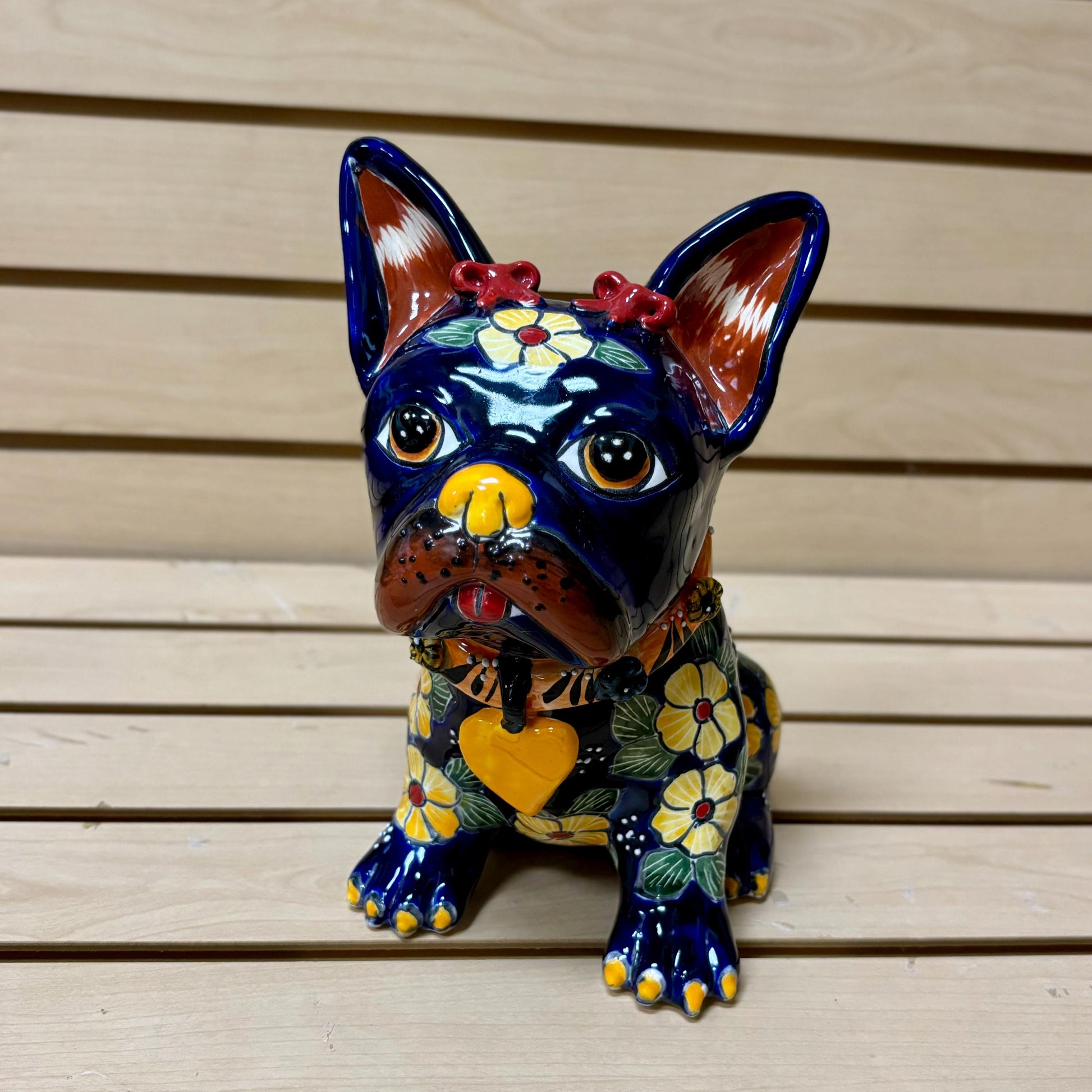 Hand Painted French Bulldog Dog Sculpture, Authentic Mexican Ceramic Hand Crafted Talavera