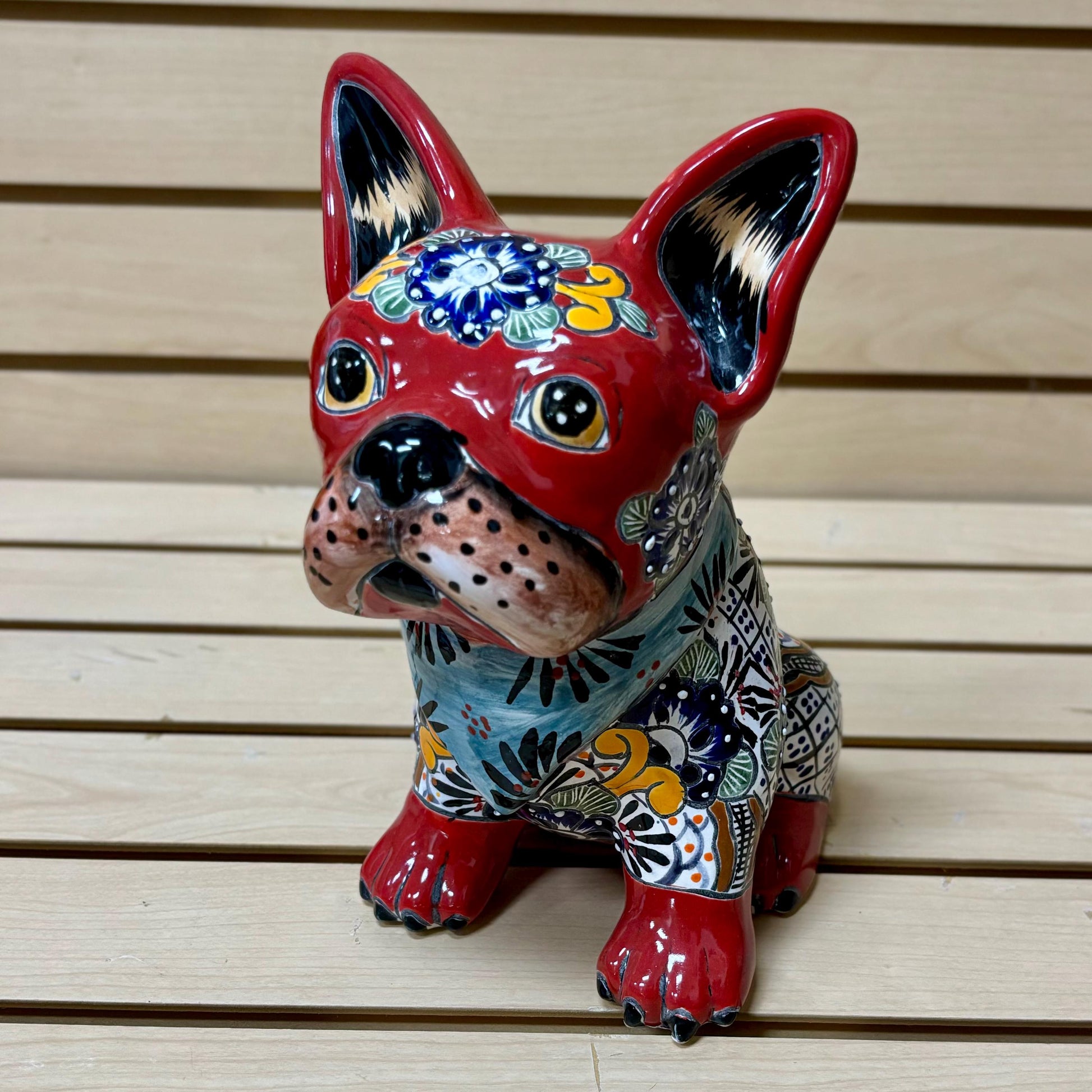 Hand Painted French Bulldog Dog Sculpture, Authentic Mexican Ceramic Hand Crafted Talavera