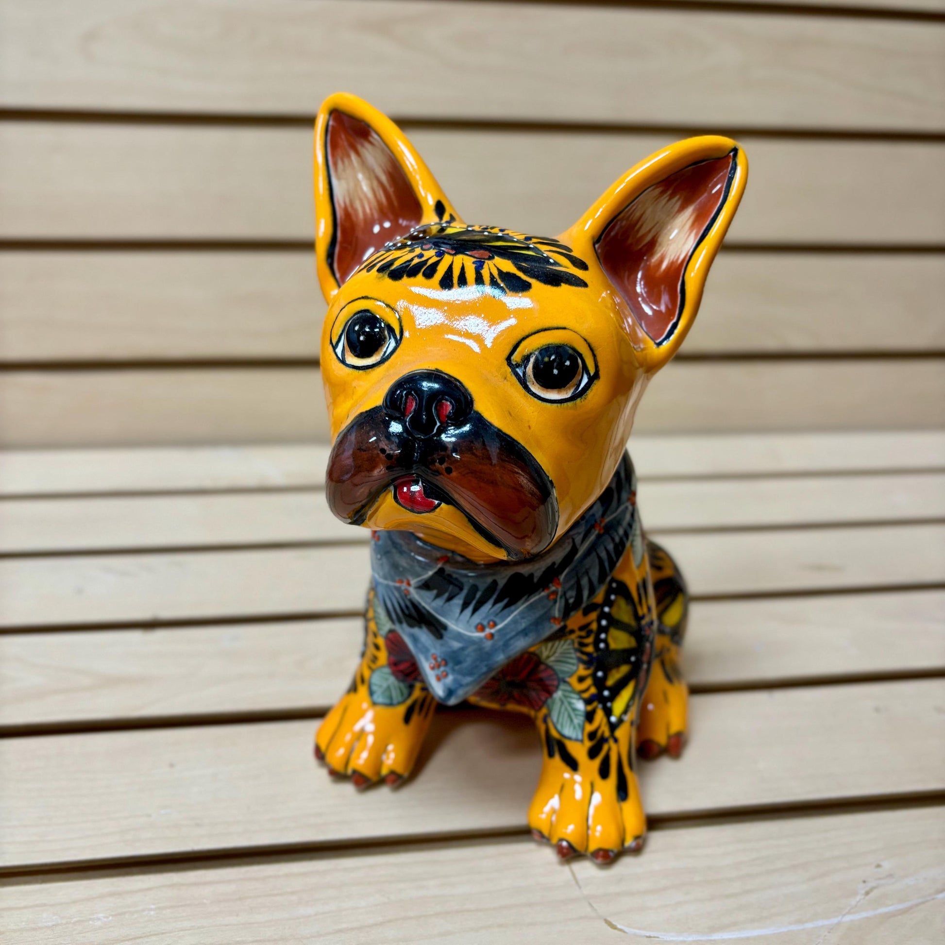 Hand Painted French Bulldog Dog Sculpture, Authentic Mexican Ceramic Hand Crafted Talavera