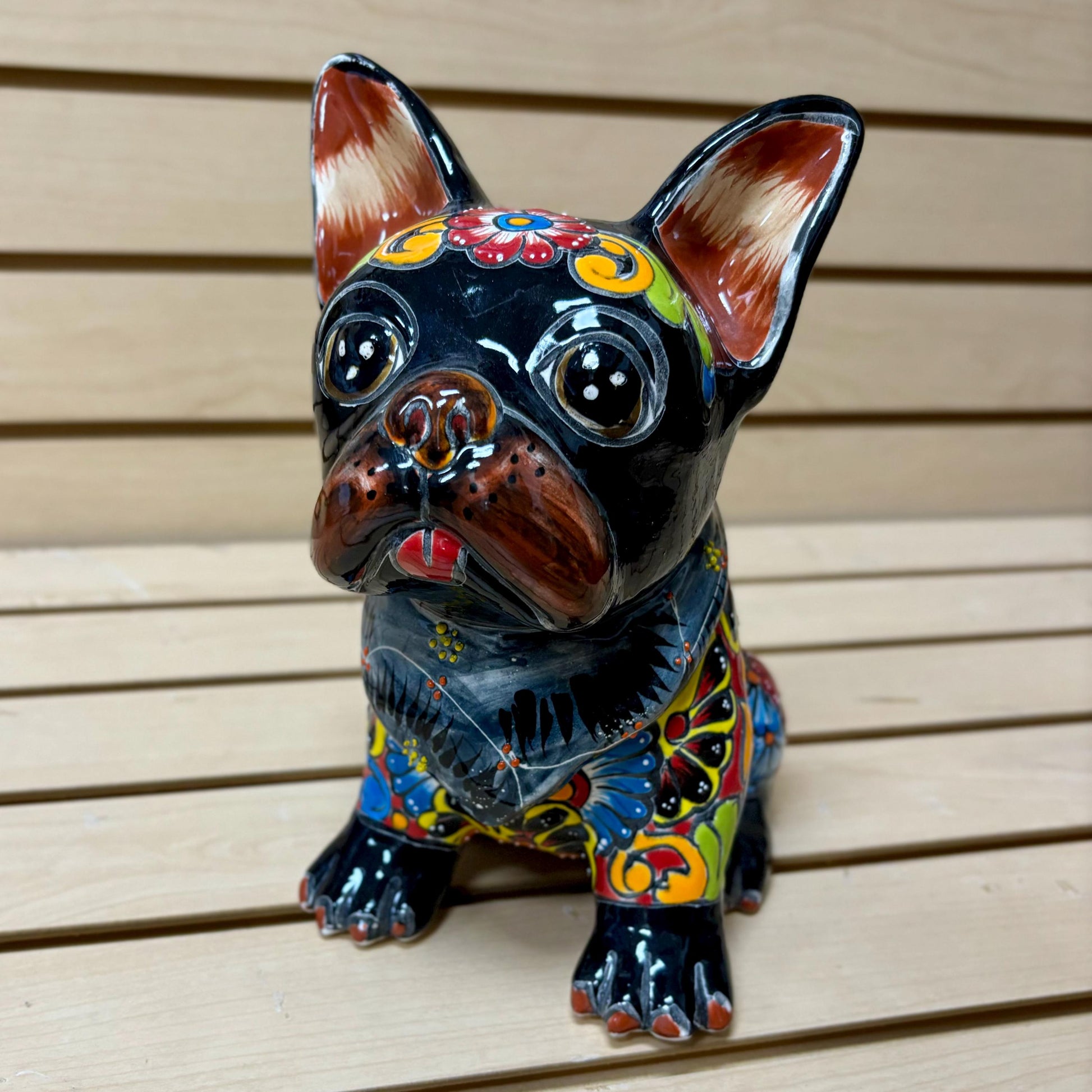 Hand Painted French Bulldog Dog Sculpture, Authentic Mexican Ceramic Hand Crafted Talavera