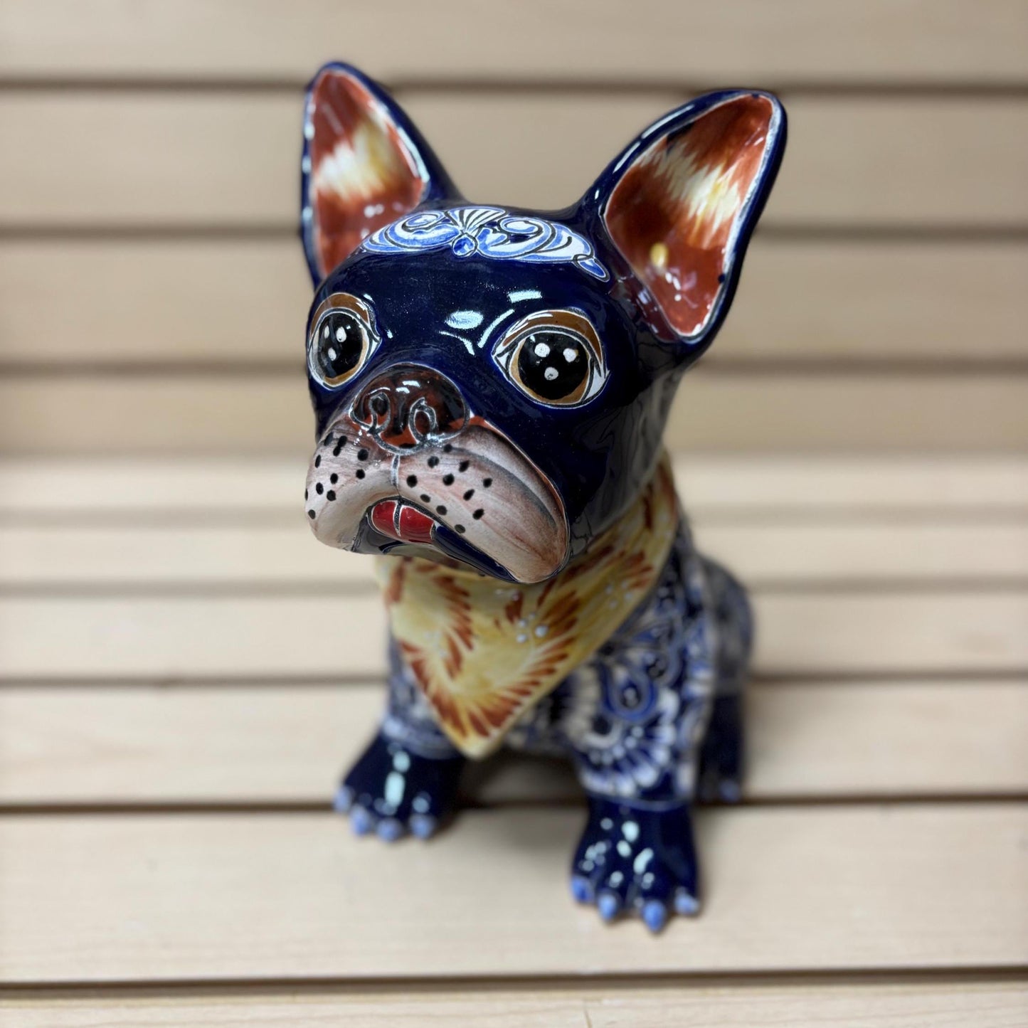 Hand Painted French Bulldog Dog Sculpture, Authentic Mexican Ceramic Hand Crafted Talavera