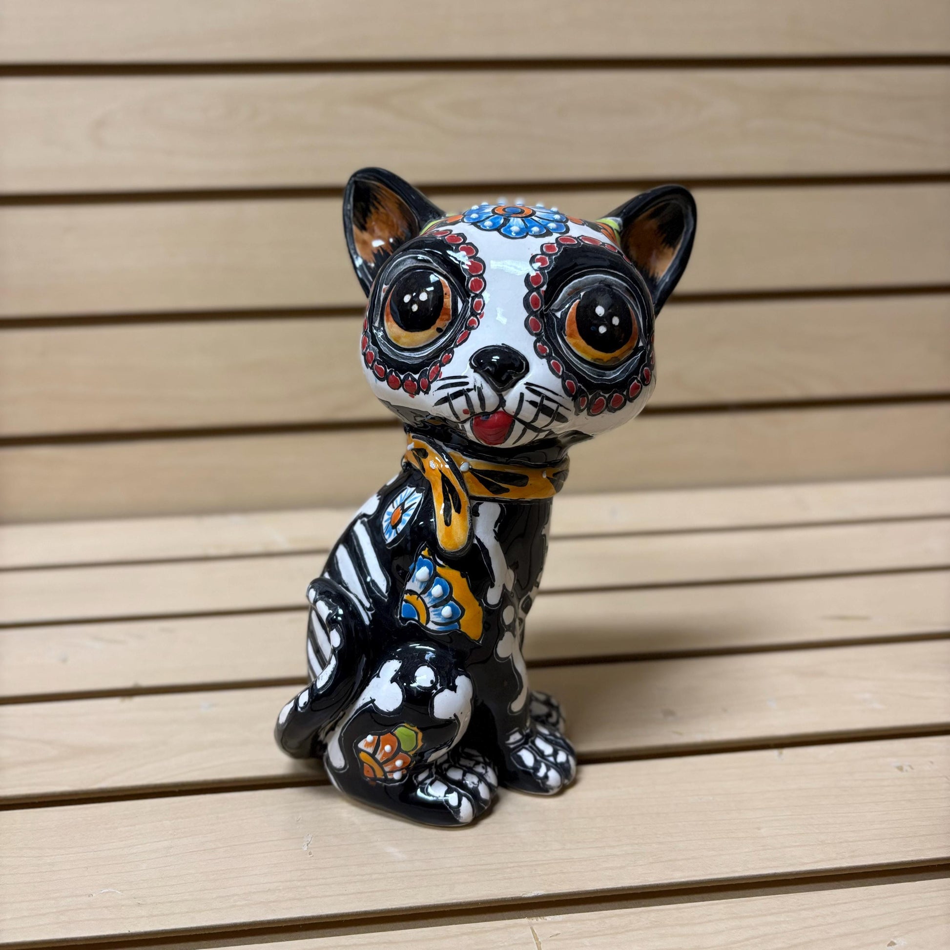 Hand Painted Day of the Dead Cat Sculpture, Authentic Ceramic Hand Crafted Mexican Talavera