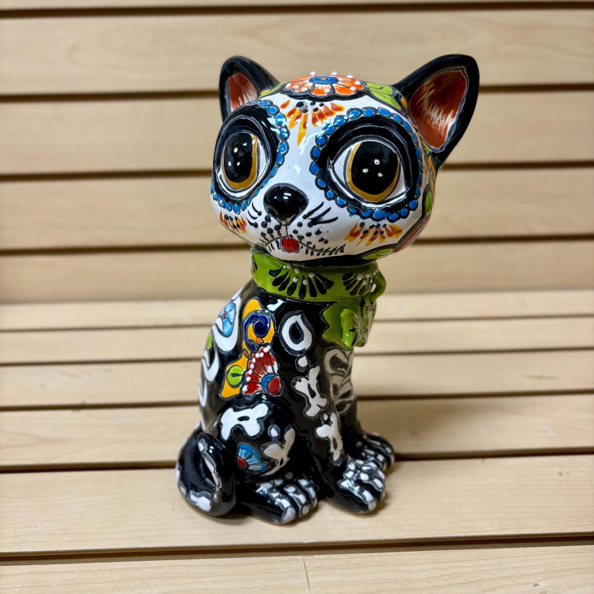 Hand Painted Day of the Dead Cat Sculpture, Authentic Ceramic Hand Crafted Mexican Talavera