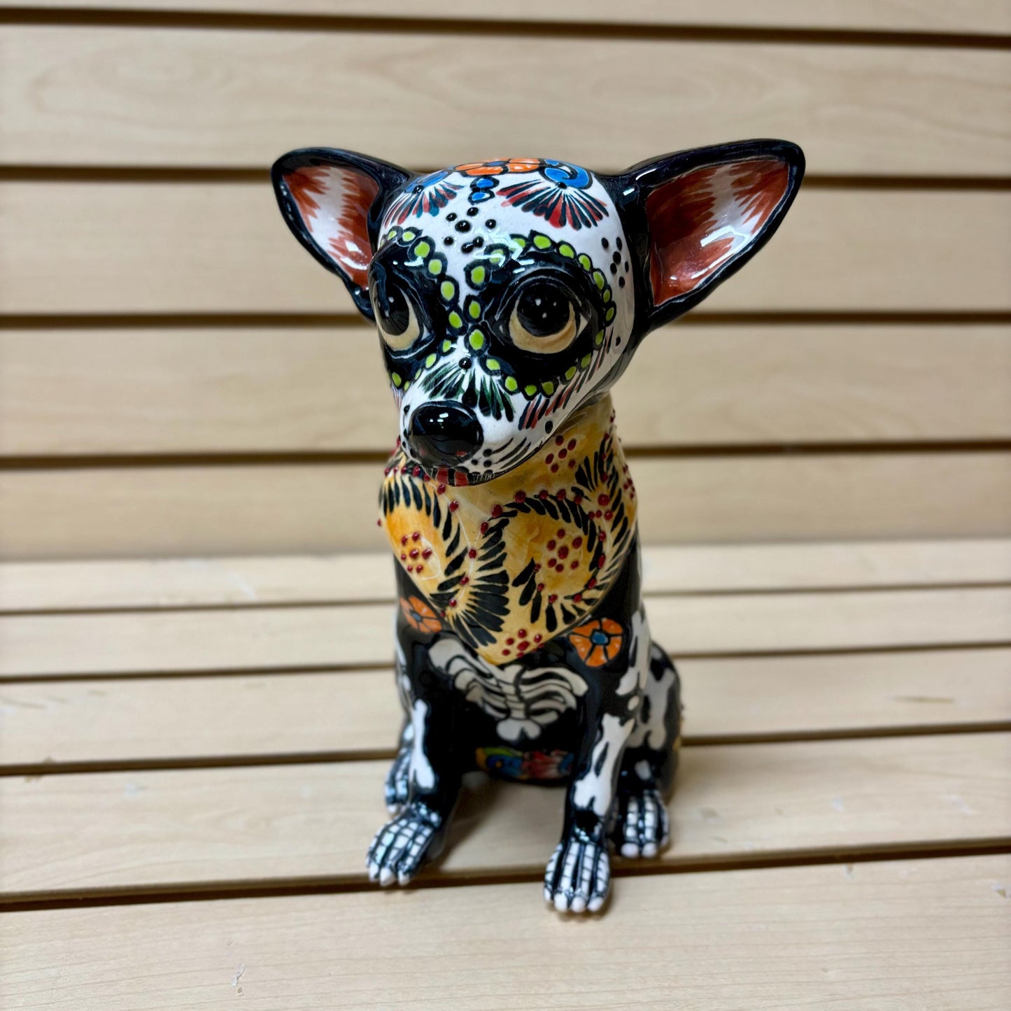 Hand Painted Day of the Dead Chihuahua Dog Sculpture, Authentic Ceramic Hand Crafted Mexican Talavera