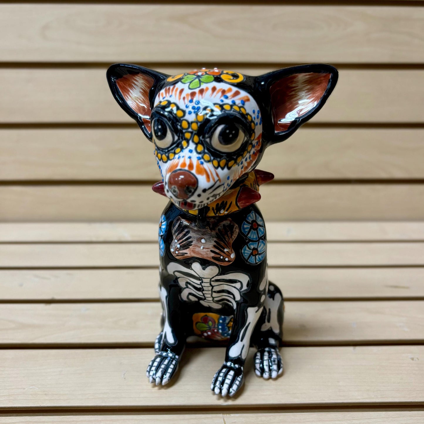 Hand Painted Day of the Dead Chihuahua Dog Sculpture, Authentic Ceramic Hand Crafted Mexican Talavera