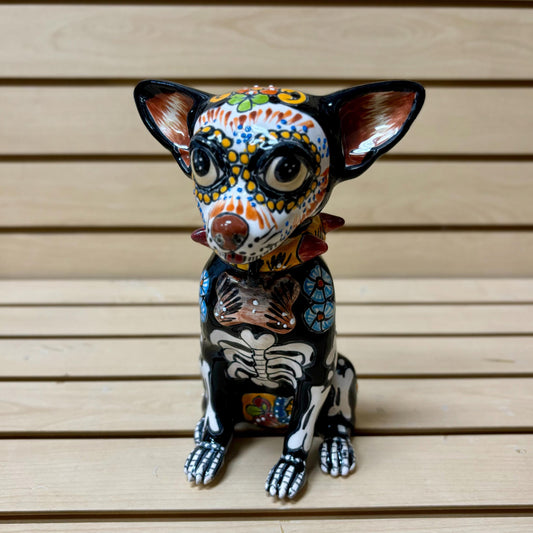 Hand Painted Day of the Dead Chihuahua Dog Sculpture, Authentic Ceramic Hand Crafted Mexican Talavera