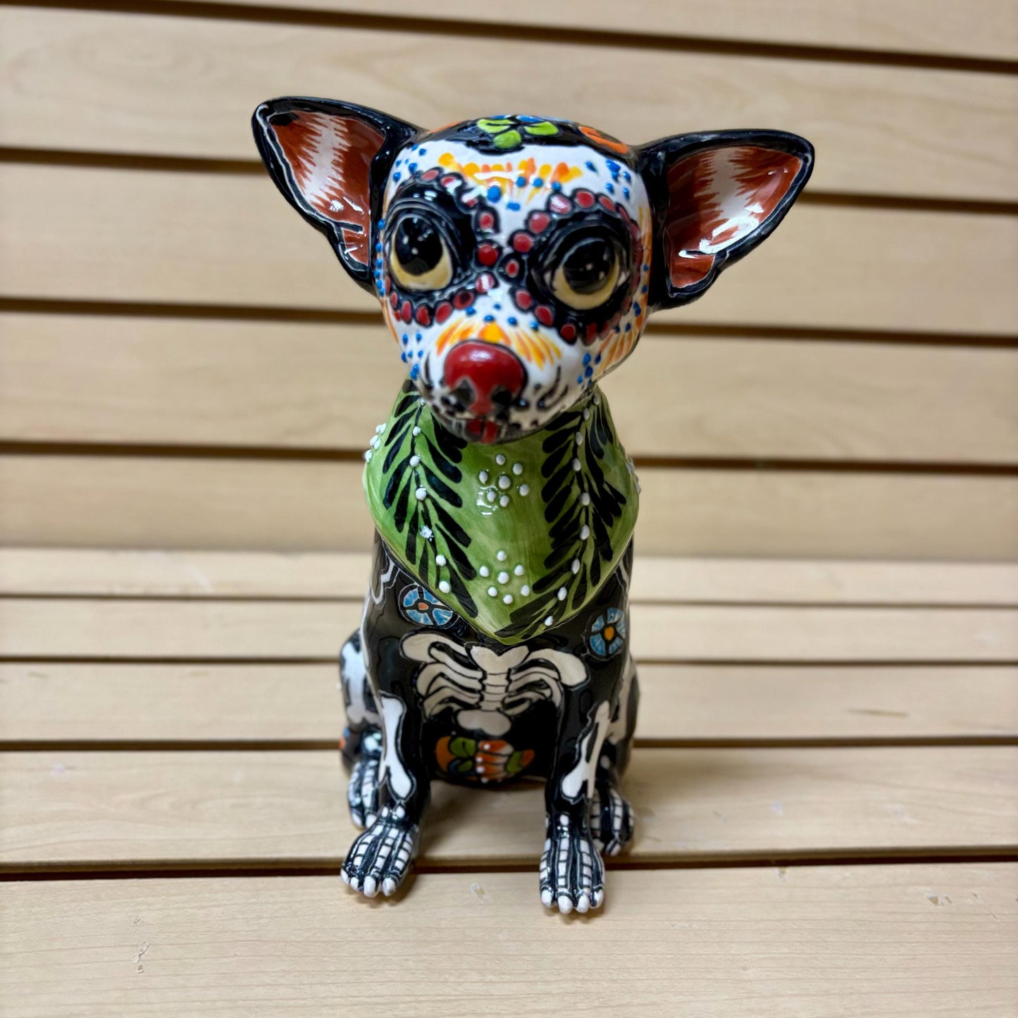 Hand Painted Day of the Dead Chihuahua Dog Sculpture, Authentic Ceramic Hand Crafted Mexican Talavera