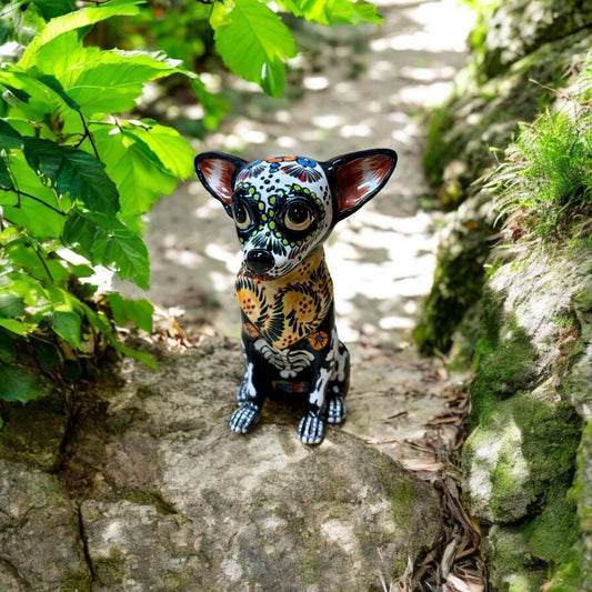 Hand Painted Day of the Dead Chihuahua Dog Sculpture, Authentic Ceramic Hand Crafted Mexican Talavera