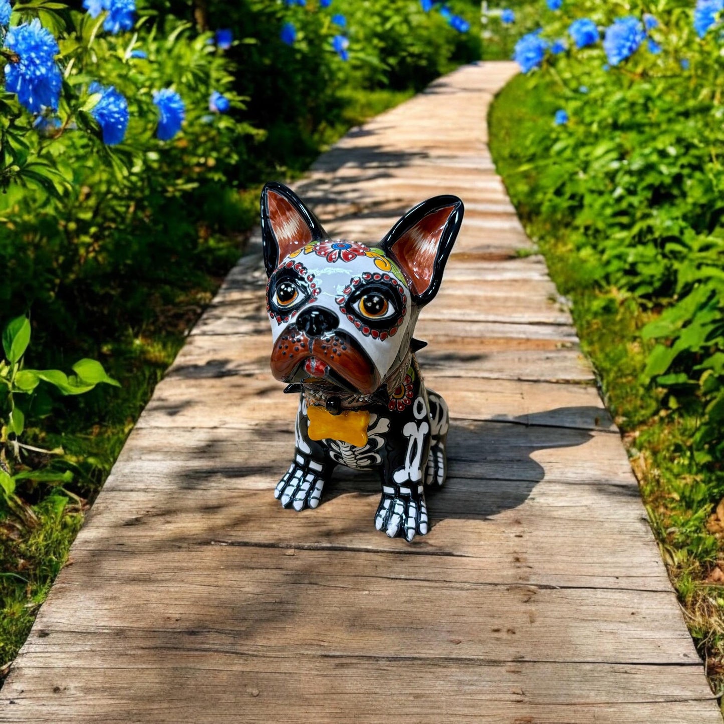 Hand Painted Day of the Dead French Bulldog Dog Sculpture, Authentic Mexican Ceramic Hand Crafted Talavera