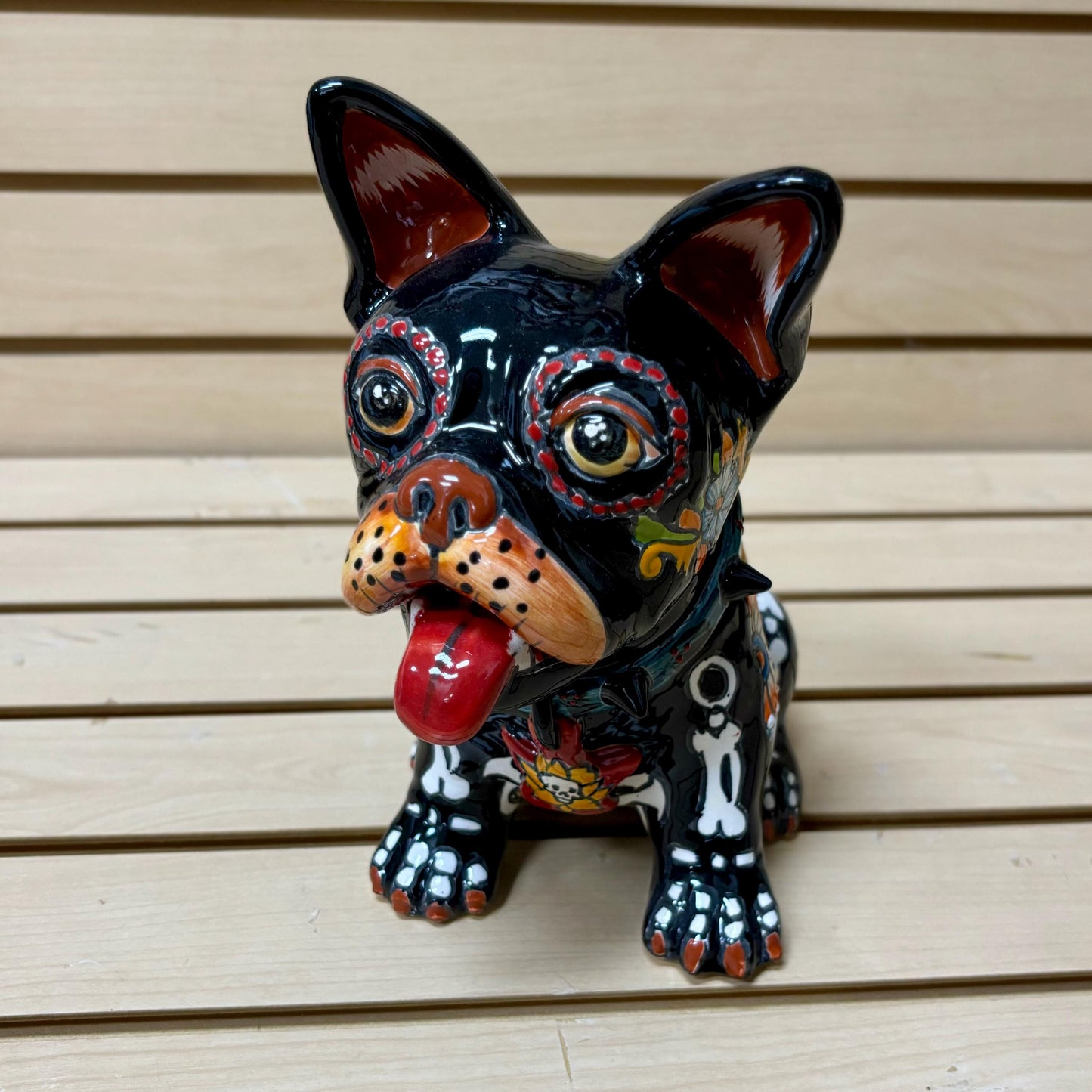 Hand Painted Day of the Dead French Bulldog Dog Sculpture, Authentic Mexican Ceramic Hand Crafted Talavera